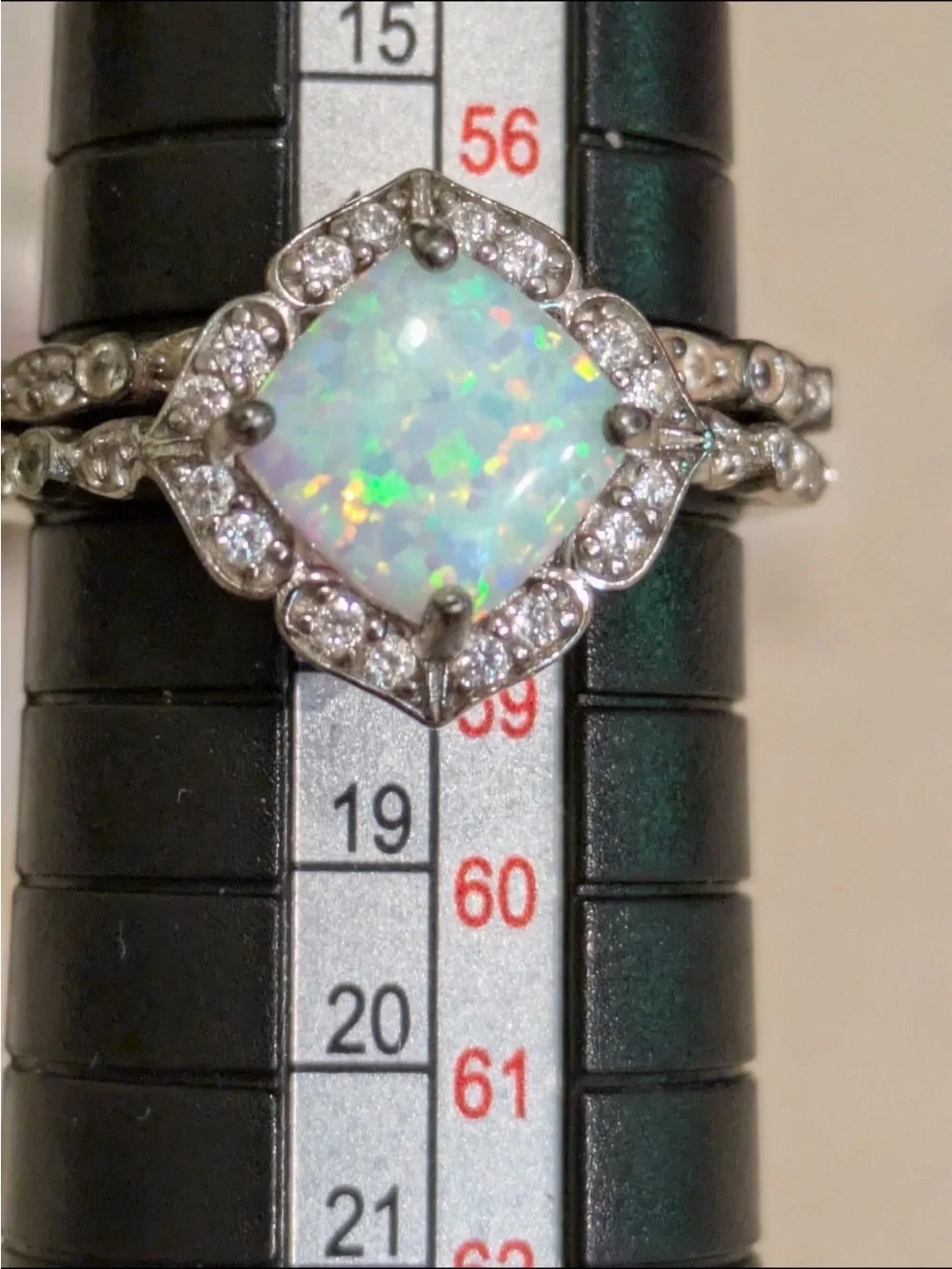 Sterling Silver Lab Opal CZ Halo Engagement Wedding Ring Set 2 Piece Sz 8 White